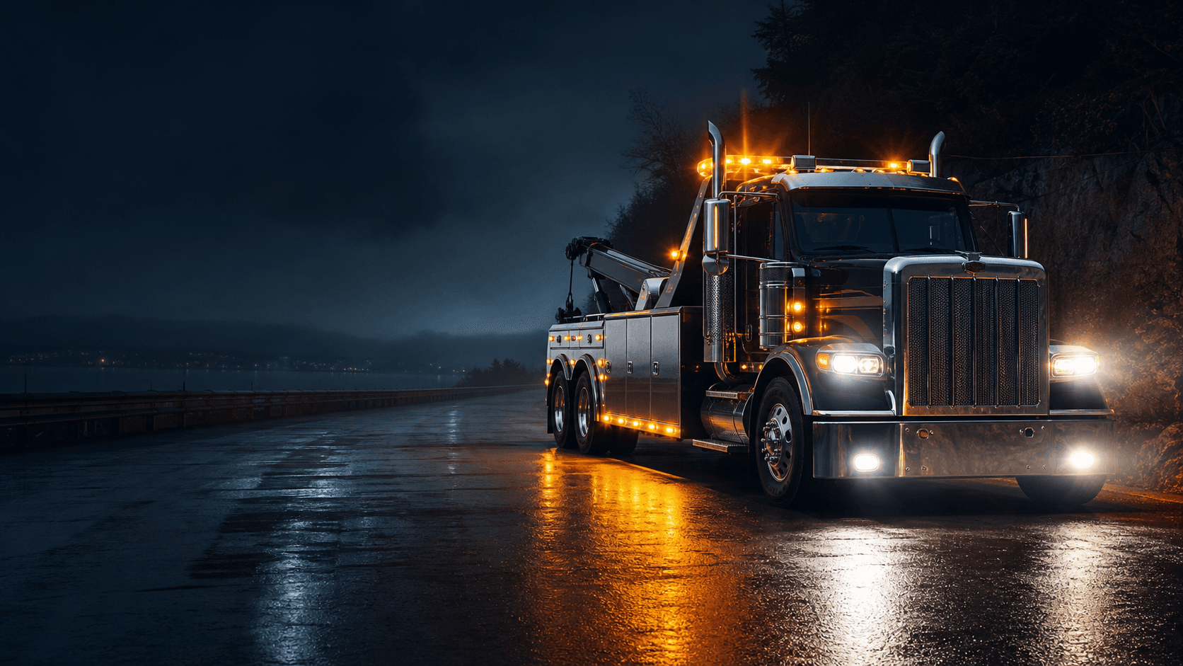 Heavy-duty wrecker on a Georgia road at night